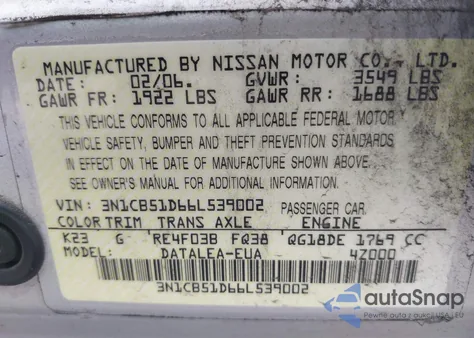 2006 Nissan Sentra 1.8S из США, поврежденный, VIN 3N1CB51D66L539002